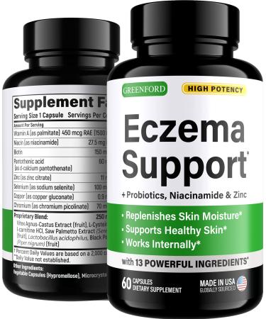 Eczema Treatment & Support for Natural Relief - Made in USA Dupixent Alternative - Skin Vitamins & Herbals for Eczema, Acne, Psoriasis, Rosacea Treatment with Zinc, Niacinamide & Probiotics - 60 caps