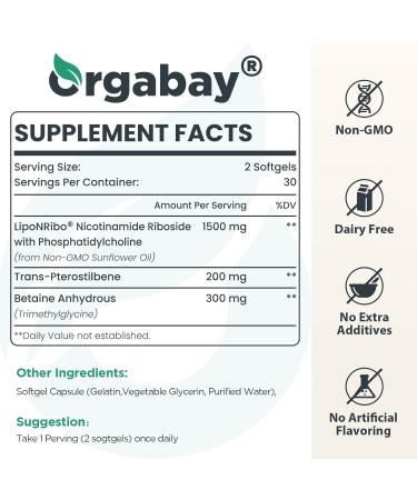 Orgabay Liposomal Nicotinamide Riboside 2000 MG with TMG and Pterostilbene | NAD+ Support for Healthy Aging | 480 Count 30.0 Servings | Pack of 1 - Buy Online on GoSupps.com