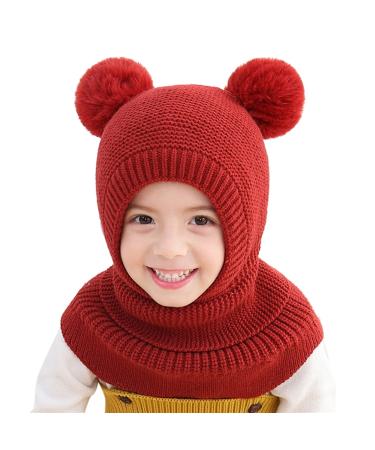 Baby Balaclava Kids Winter Warm Hat Scarf Warm Knitted Hood Hat with Double Pom Pom Design Beanie Caps for Baby Girls Boys Cute Small Bear Winter Hat D-A One Size