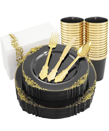 Nervure 175PCS Clear Black Plastic Plates - Gold Plastic Plates Sets for 25 Guests Include 25Dinner Plates, 25Dessert Plates, 25Cups, 25Forks, 25Knives, 25Spoons, 25Napkins for Parties & Halloween