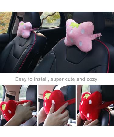 MissSoul 2Pcs Car Neck Headrest Pillow Set | Cute Pink Strawberry Design | Soft & Comfortable Head Cushion for Driving - Buy Online on GoSupps.com