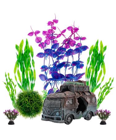 Begondi's underwater car car with 8 pieces of plastic plant set artificial polyresin aquarium ornament aquatic model decoration fish tank marine decor ornaments - Buy Online on GoSupps.com