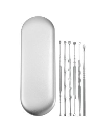 VOCOSTE 6Pcs Stainless Steel Ear Cleansing Tool Set Ear Cleaner Ear Care Set Anti-slip Design with Storage Case Silver Tone