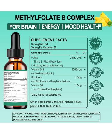 Methylfolate Supplement Liquid Drops L Methy Folate 15mg Plus Methy B12 B6 B2 Multivitamin Metabolically Active 5-MTHF Form for Mood Homocysteine Methylation Cognition Energy Nerve Health* - Buy Online on GoSupps.com