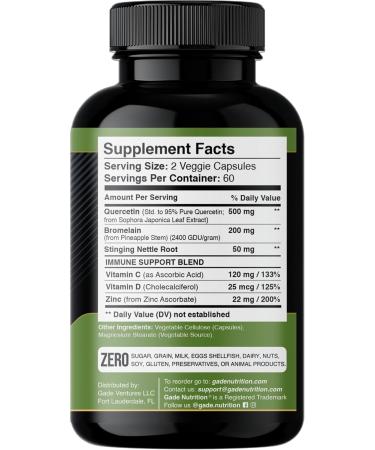 Gade Nutrition Quercetin with Vitamin C and Zinc - Nettle Quercetin - Quercetin 500mg - Quercetin with Bromelain - Zinc Quercetin + Vitamin D3-240 Veggie Caps - Non-GMO - 4 Month Supply 240 Count (Pack of 1) - Buy Online on GoSupps.com