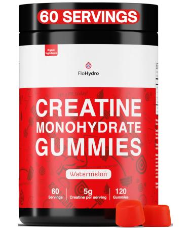 Creatine Monohydrate Gummies | 60 Servings | 5g Creatine Monohydrate per Serving | 120 creatine Gummies with Zero Sugar | All Organic Ingredients Watermelon 120 Count (Pack of 1)