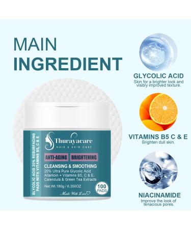 Glycolic Acid 20% Exfoliating Pads Anti-Aging Face Pads with Vitamins B5, C, E, Allantoin & Niacinamide Resurfacing, Brightening & Pore Cleansing 100 Count - Buy Online on GoSupps.com
