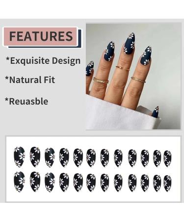 Black Daisy Design Press On Nails - Medium | Full Cover Tips for Women & Girls | Spring/Summer Salon Nail Art - Buy Online on GoSupps.com