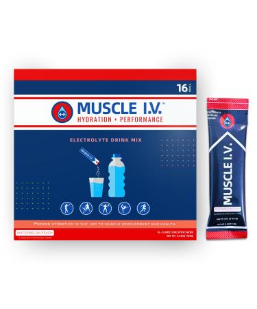 Muscle I.V. Hydration Electrolyte Drink Mix - Watermelon Peach - 16 Easy Open Single Serve Powder Stick Packs | Caffeine Free | Gluten Free | Soy Free | Non-GMO | 100% Vegan