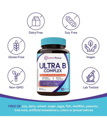 Doctor's Recipes Ultra B Complex Vitamins for Women and Men with Methylated B12 1000mcg B6 B1 Folic Acid for Energy Metabolism Nerve & Mood Support Vegan 120 Capsules 60 Day Supply - Buy Online on GoSupps.com