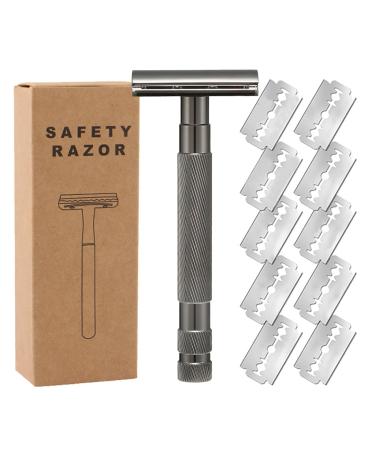 Razor planer men stainless steel manual wet razor non -slip structured handle comes with 10 replacement pieces of razor blades for the gentle shave on both sides