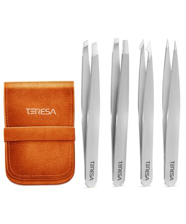 Terresaco's eyebrow tweezers professional for women 4-seater gauge of eyebrow set cosmetics with leather case precise plucking for face-grown hair splinter remover silver TSOS-B01
