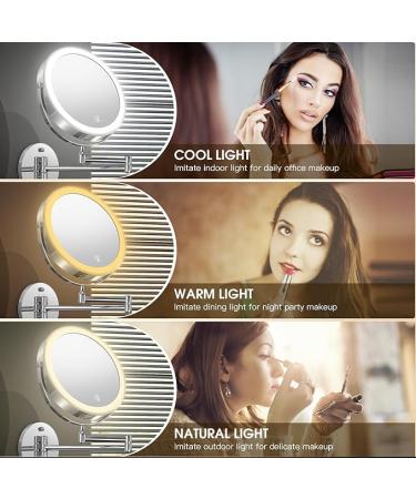 Wall Mounted Lighted Makeup Mirror | Rechargeable 1x/10x Magnifying Mirror | 3 Colors LED | Touch Dimmable | 360 Rotation | Foldable Vanity Mirror - Buy Online on GoSupps.com