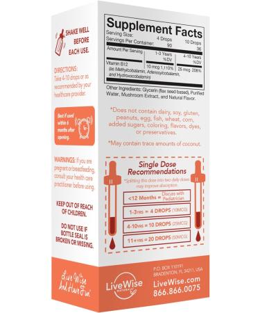 Live Wise Naturals USDA Organic Vitamin B12 Liquid Drops for Kids - Vegan & Non-GMO Supplement for Toddlers and Children | Gluten Free | Low Dose - Buy Online on GoSupps.com