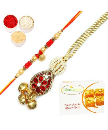 Ghasitaram Gifts Rakhis Online - Rakhi for Brother- RM- 157 Bhaiya Bhabhi Rakhi with 200 GMS of Besan Barfi Rakhi Set with 200 gms of Besan Barfi