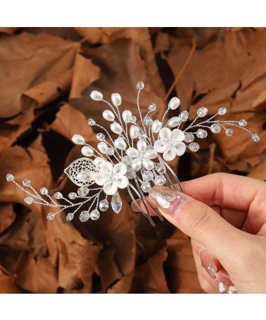 Edary Bride Flower Wedding Hair Comb Silver Pearl Headpiece Crystal Wedding Side Comb Leaf Bridal Hair Accessories for Women and Girls