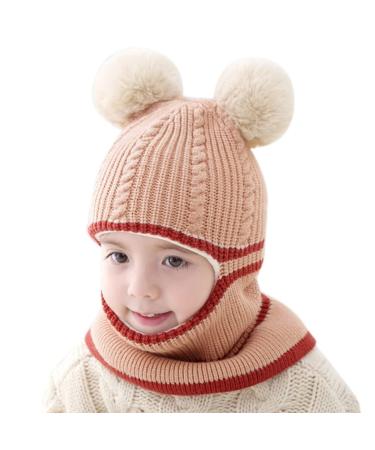 Baby Balaclava Kids Winter Warm Hat Scarf Warm Knitted Hood Hat with Double Pom Pom Design Beanie Caps for Baby Girls Boys Cute Small Bear Winter Hat B-C One Size