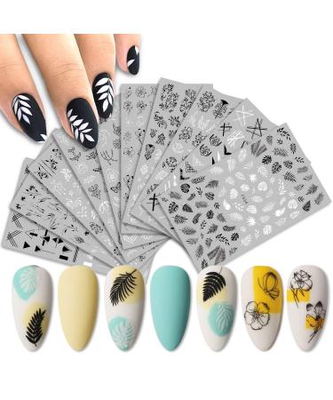 AUOCATTAIL Nail Art Stickers Black White Flower Palm Leaf Nail Self-Adhesive Decals Summer 3D Natural Fresh Style Minimalist Lines Design Sticker for Women Girls Nail DIY Accessories (10 Sheets)