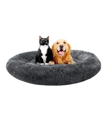 Bonteck Calming Dog Beds for Small Medium Large Dogs - Round Donut Machine Washable Dog Bed, Anti-Slip Faux Fur Fluffy Donut Cuddler Cat Bed, Multiple Sizes S-XL Small 24'' x 24'' Dark Grey