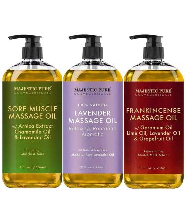 Majestic Pure Sore Muscle Massage Oil, Lavender Massage Oil & Frankincense Massage Oil Bundle  8 fl oz Each