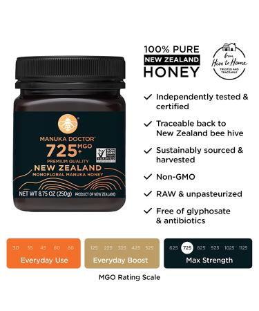 Manuka Doctor MGO 725+ Monofloral Manuka Honey - 100% Pure New Zealand Honey | Certified, Guaranteed, RAW | Non-GMO (8.75 oz) - Buy Online on GoSupps.com