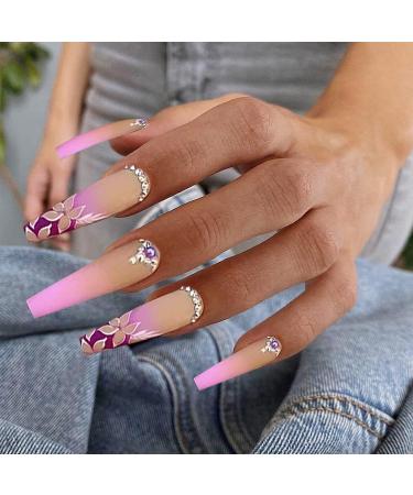 QINGGE Rhinestones Coffin Press on Nails - Pink Flower Design | Long Fake Nails for Women | Matte Stick on Nails - Buy Online on GoSupps.com