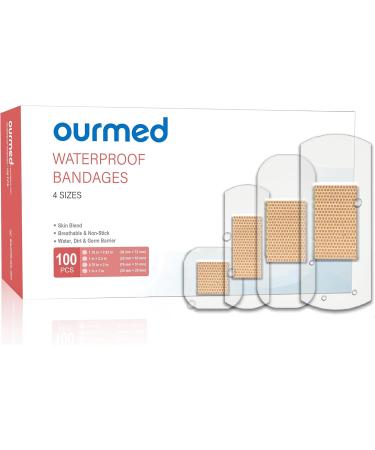 Ourmed Waterproof Bandages Clear Adhesive Bandages for First-Aid Wound Care Stays on Skin in The Bath Shower or Pool Assorted Sizes - 100 Count