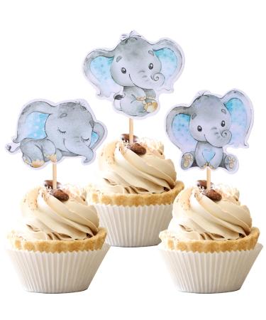 36 PCS Blue Elephant Cupcake Toppers It's a Boy Baby Shower Cupcake Picks for Elephant Theme Gender Reveal Baby Shower Kids Boys Birthday Party Cake Decorations Supplies