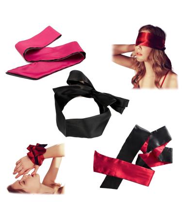 AWAVM Blindfold 3 Pcs Silk Satin Blindfold Eye mask for Sleeping Games Satin Silk Eye Covers Satin Sleep Mask Valentine Gift 145cm(Black Red Rose Red)