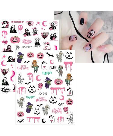 Pink Halloween Valentine's Day Nail Stickers 10 Sheets Self-Adhesive Nail Decal Pumpkin Ghosts Pink Nail Art Decoration Design Supplies - Buy Online on GoSupps.com