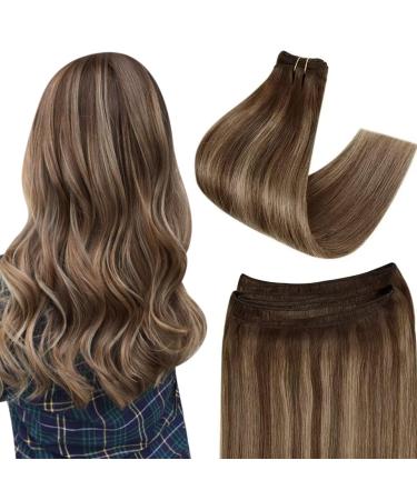 Easyouth Sew in Hair Extensions Brown Highlight Weft Hair Extensions Real Human Hair Double Weft Extensions Highlight Brown and Blonde Weft Extensions 12 Inch 70g 12 Inch/30cm 3-Weft #4P27