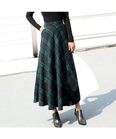 Sanahy Women's High Elastic Waist A-line Plaid Maxi Skirt | Winter Wool Midi Skirt with Pockets - XXL Blue - Buy Online on GoSupps.com