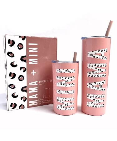Mama and Mini Tumbler Set - Insulated Stainless Steel  Spill Proof with Straw  Dishwasher Safe. Tumbler. Toddler Mugs. Mommy Me Accessories  20oz 12oz (Blush Pink Leopard Print)  2 Piece Assortment