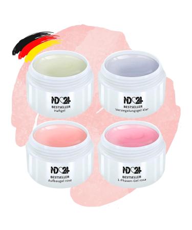 Gel Set - 1-Phase Gel Pink + Adhesive Gel + Builder Gel Pink + Finish Gel - Made in Germany (4 x 5ml) 5 ml (pack of 4) pink