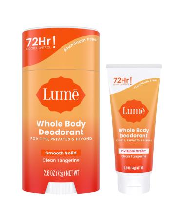 Lume Whole Body Deodorant - Invisible Cream Tube Mini + Solid Stick Bundle - 72 Hour Odor Control - Aluminum & Baking Soda Free Skin Loving (Clean Tangerine)