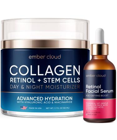 Collagen Cream for Face with Stem Cells Retinol Hyaluronic Acid Niacinamide (1.7 Oz) / Retinol Serum for Face (1Oz)