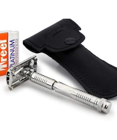 Security razor & leather cover - Double Edge Twist to Open/Butterfly Shaver for Men - Wet Shaving Classic - ready for use with a free blade package