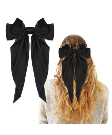 Black Hair Bow Black Bow Hair Clip for Women Solid Color Bow Hair Clips with Long Ribbon French Black Bow Hair Clip Soft Satin Silky Hair Bows Cute Gifts for Women Girls
