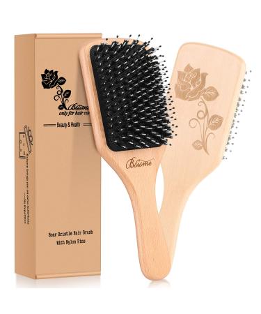 Bsisme Hair Brush-Boar Bristle Hairbrush with Detangling Pins Wooden Paddle Detangler Hairbrush for Women Men Reduce Frizz Dry Restore Natural Shine Natural Wood Color