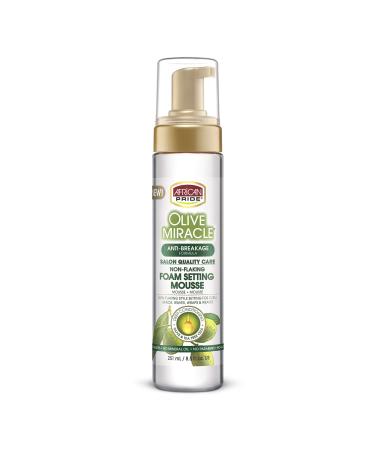 African Pride Olive Miracle Non-Flaking Foam Setting Hair Mousse, Long-Lasting Frizz & Shine Control for Curls, Braids, Weaves, Wigs, Waves & Wraps, 8.5 oz Single