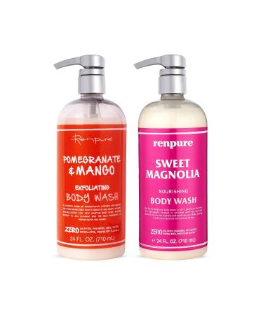 Renpure Pomegranate Mango & Sweet Magnolia Moisturizing Body Wash for Dry Skin 2Pk – Gentle Exfoliating & Hydrating Natural Antioxidant Shower Gel & Sensitive Skin Body Wash with Pump for Women