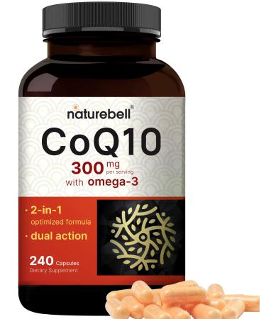 CoQ10 (Ubiquinone) 300mg with Omega 3 Fatty Acids 240 Capsules | Stable High Absorption Form Antioxidant Support for Heart & Energy Health Extra Strength Coenzyme Q10 Supplement CoQ10 300mg with Omega-3
