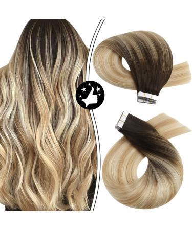 Moresoo Tape in Extensions Human Hair Balayage Blonde Tape in Real Hair Extensions Brown to Caramel Blonde with Platinum Blonde Hair Extensions Tape in 16 Inch 20 Pieces/50g #2/27/613 16 Inch #2/27/613