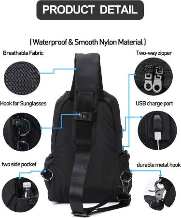 SEAFEW Small Black Sling Crossbody Backpack | Lightweight One Strap Shoulder Bag for Men Women | Ideal for Hiking, Biking, Travel | USB Charger Port-Nylon A-black - Buy Online on GoSupps.com