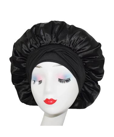 Queen Black Silk Bonnet - Satin Hair Bonnet for Sleeping - Stretchy Tie Band - Medium Size - Buy Online on GoSupps.com