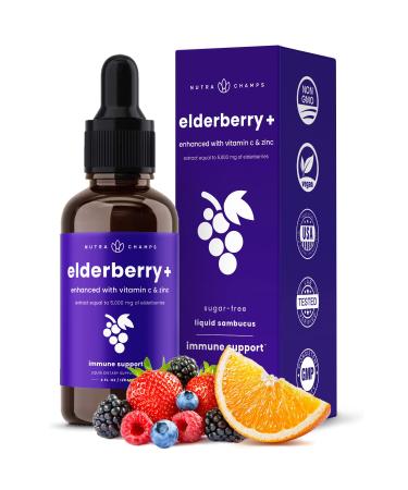 Organic Elderberry Syrup  5000mg Strength  Plus Zinc & Vitamin C Liquid Extract for Kids & Adults - Immune System Support - Vegan Sambucus Nigra Antioxidant Drops Supplement | Berry Flavor 4oz