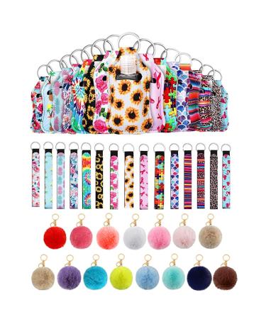 60 Pieces Empty Travel Bottles with Keychain Holders Set 15 Wristlet Keychain 15 PomPoms Keychains 15 30ml Refillable Bottle Multiple Style