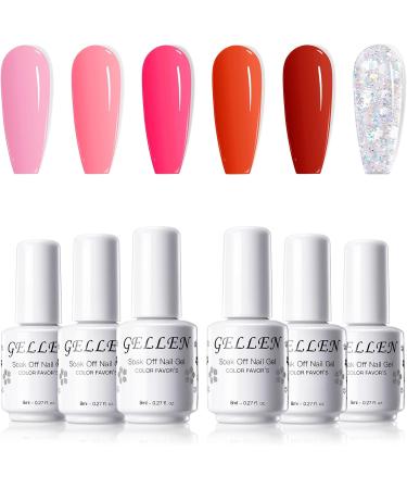 Gellen Gel Nail Polish Kit - 6 Stunning Colors Baby Pink Burgundy Rose Red Glitter Silver Gel Polish Set White Glitter Gel Polish Soak Off LED Gel Polish for Women Pageant Queen - Buy Online on GoSupps.com