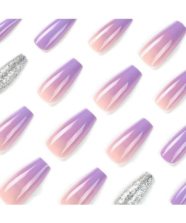24Pcs Purple Glitter Gradient Coffin Press-on Nails | False Nails Set for Women & Girls with Nail Glue - Acrylic Stick-on Nails for Stunning Nail Decor - Buy Online on GoSupps.com