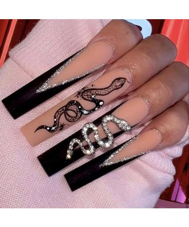 French Tip Press on Nails - Long T Press On Nails with Nail Tips Black V Double Snake Flash diamond False Nail French Shining Powder Design press on nails Acrylic False Nails Cute Artificial Nails